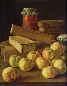 Natura morta con mele, vasetti di marmellata e scatole di dolci